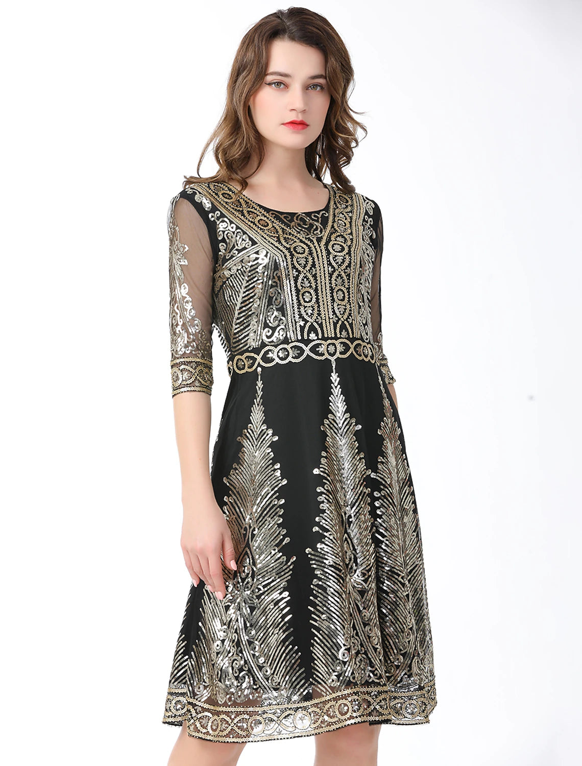 wholesa A-Line Elegant Vintage Holiday Party Wear Dress Jewel Neck Half Sleeve Knee Length Cotton Blend with Sequin Splicing