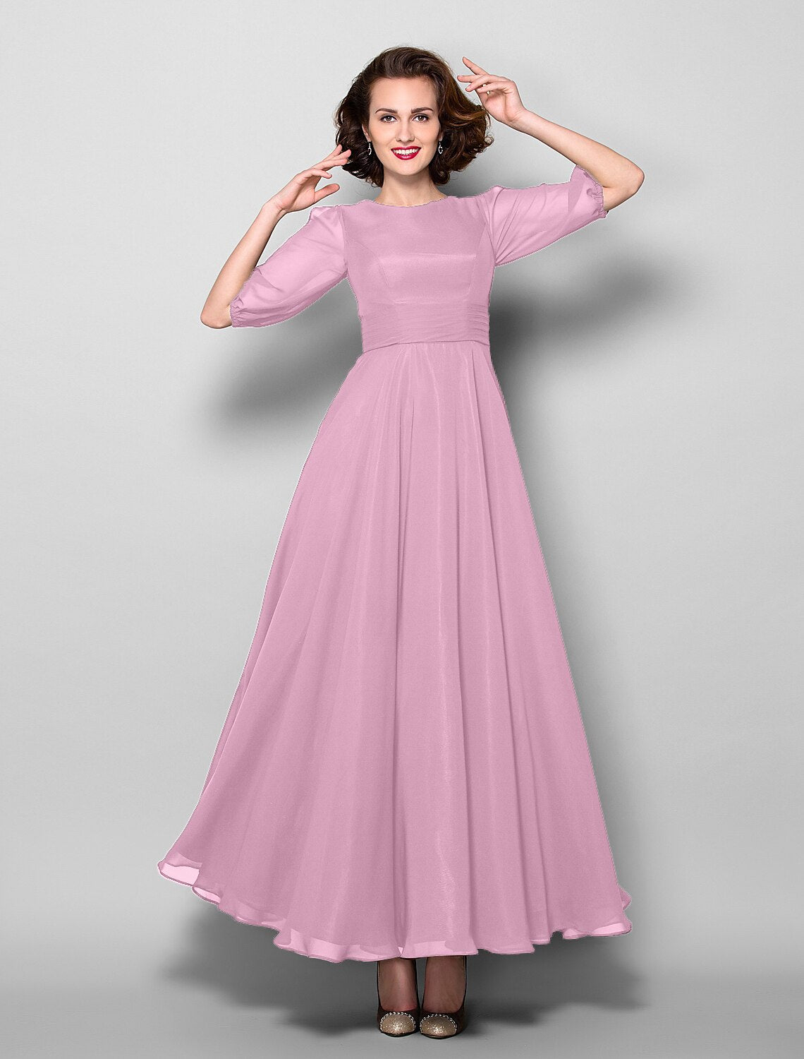 wholesale  A-Line Mother of the Bride Dress Elegant Jewel Neck Ankle Length Chiffon Half Sleeve with Sash / Ribbon Ruched