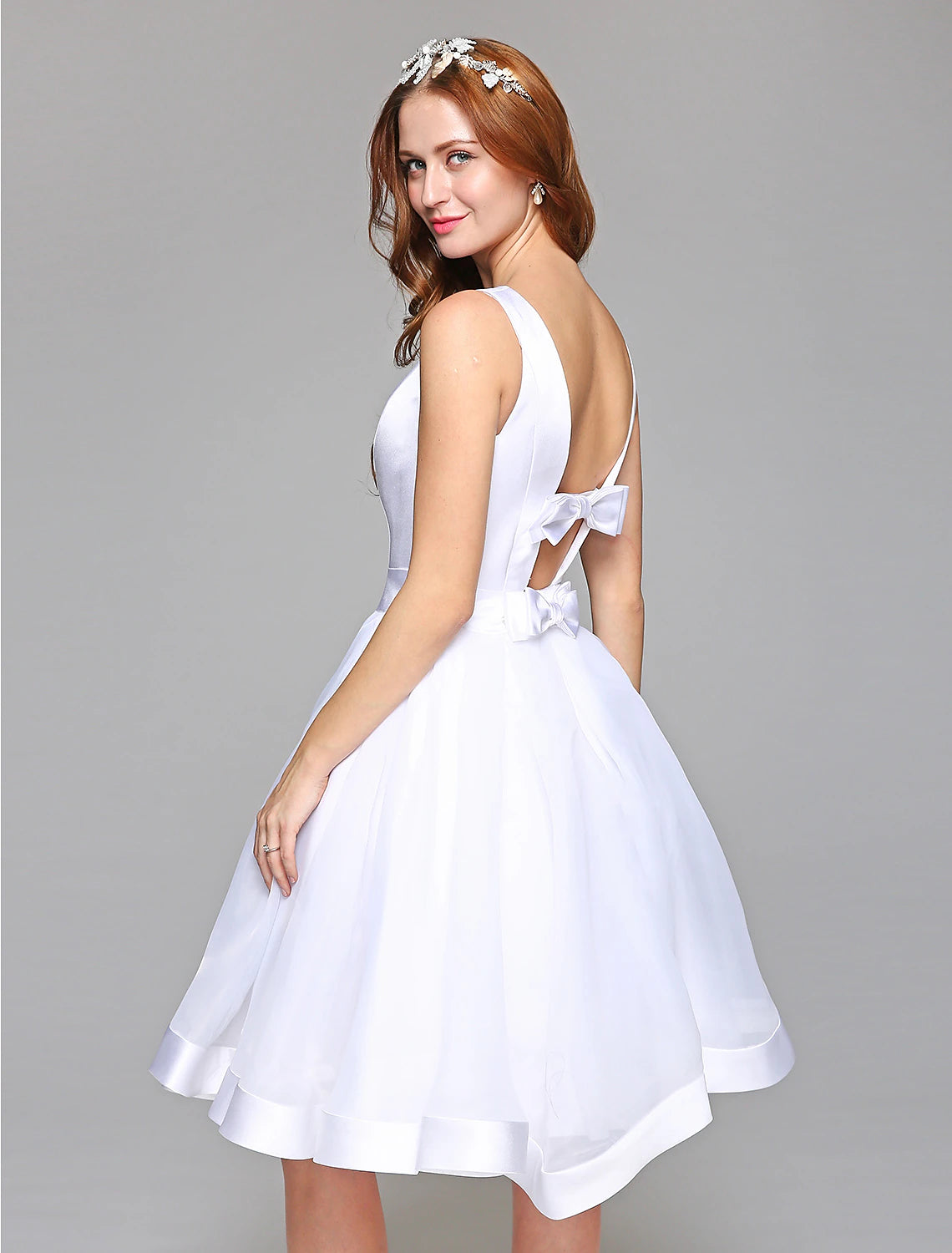 Wholesa  Wedding Dresses A-Line Bateau Neck Regular Straps Knee Length Satin Bridal Gowns With Bowknot Sash / Ribbon