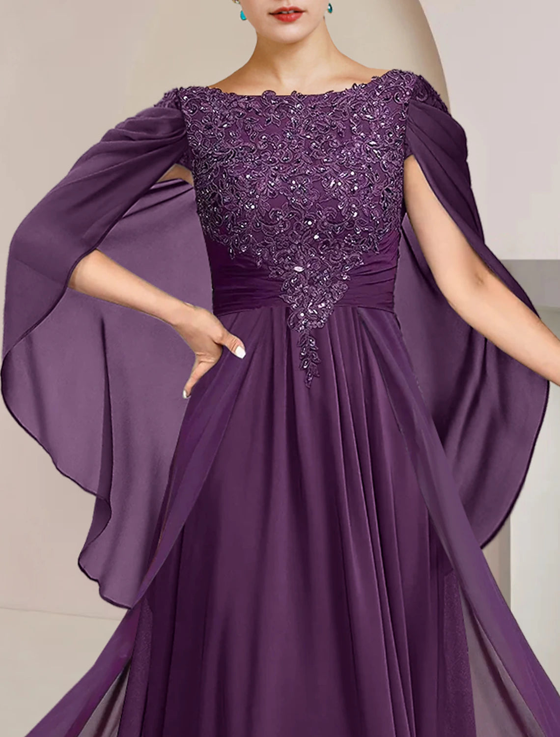 wholesale   A-Line Mother of the Bride Dress Formal Wedding Guest Elegant Scoop Neck Floor Length Chiffon Lace Sleeveless with Beading Sequin Appliques