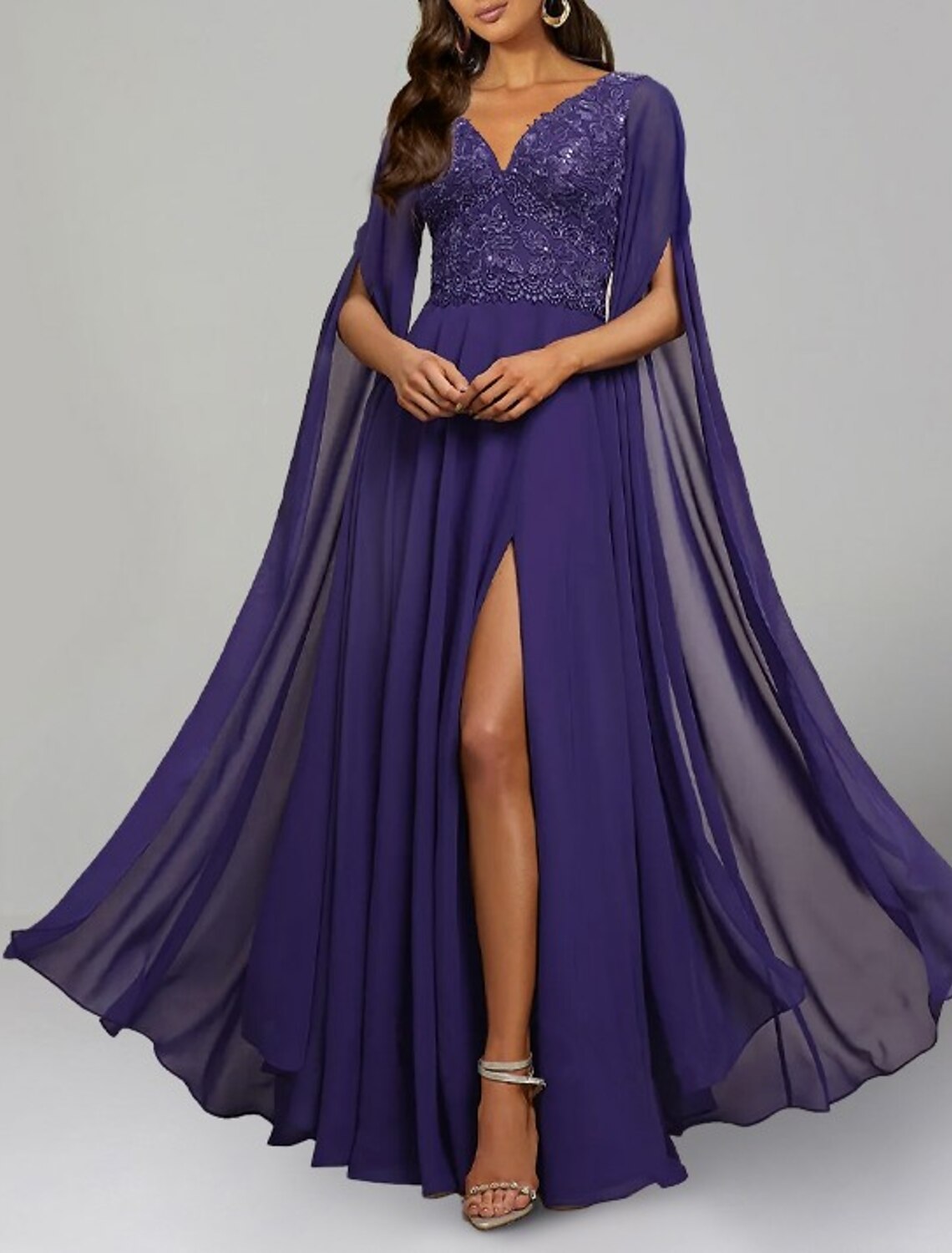 Wholesa A-Line Evening Gown Elegant Dress Formal Wedding Guest Floor Length Long Sleeve V Neck Chiffon Backless with Slit Appliques