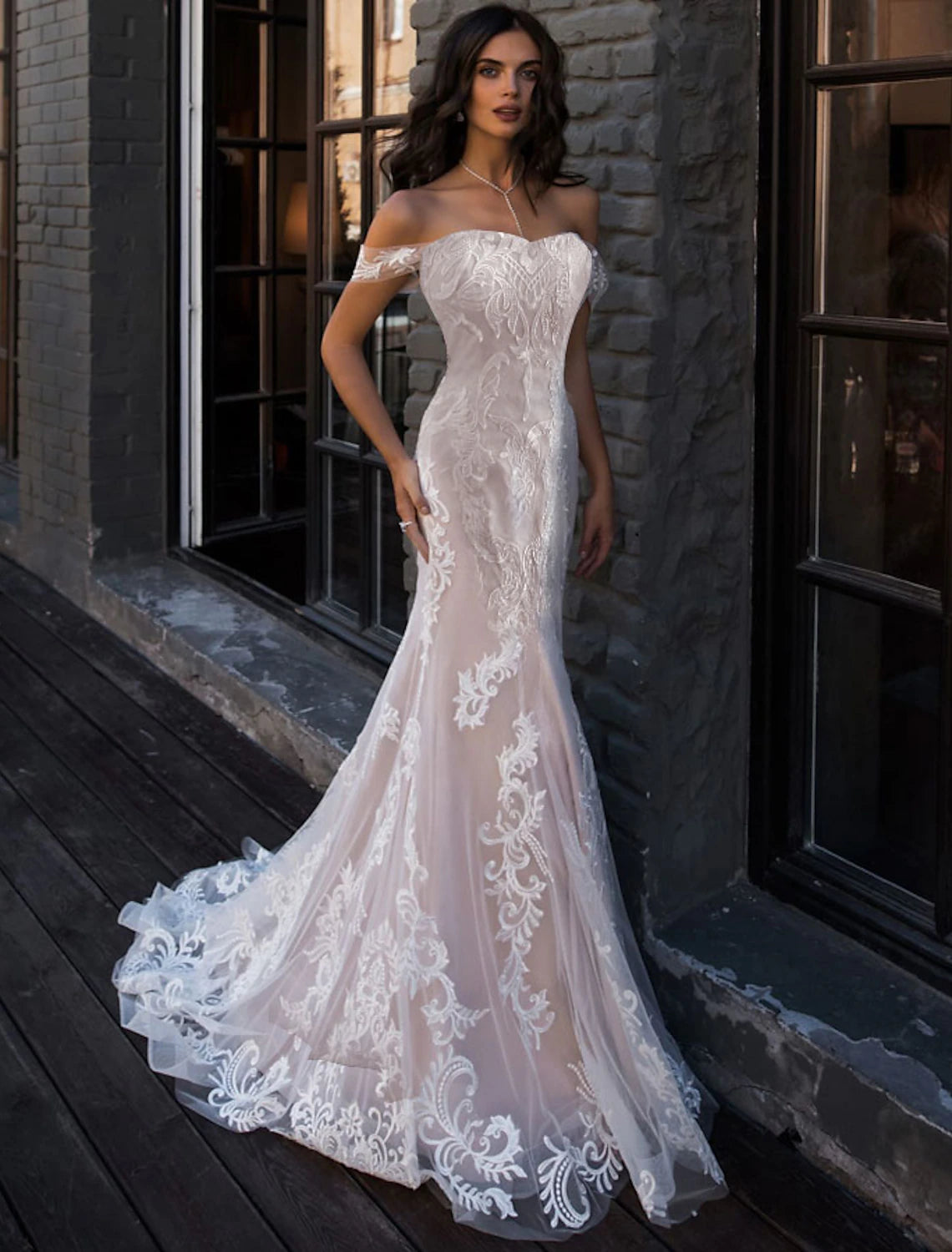 wholesale  Beach Boho Wedding Dresses Mermaid / Trumpet Off Shoulder Cap Sleeve Court Train Lace Bridal Gowns With Lace