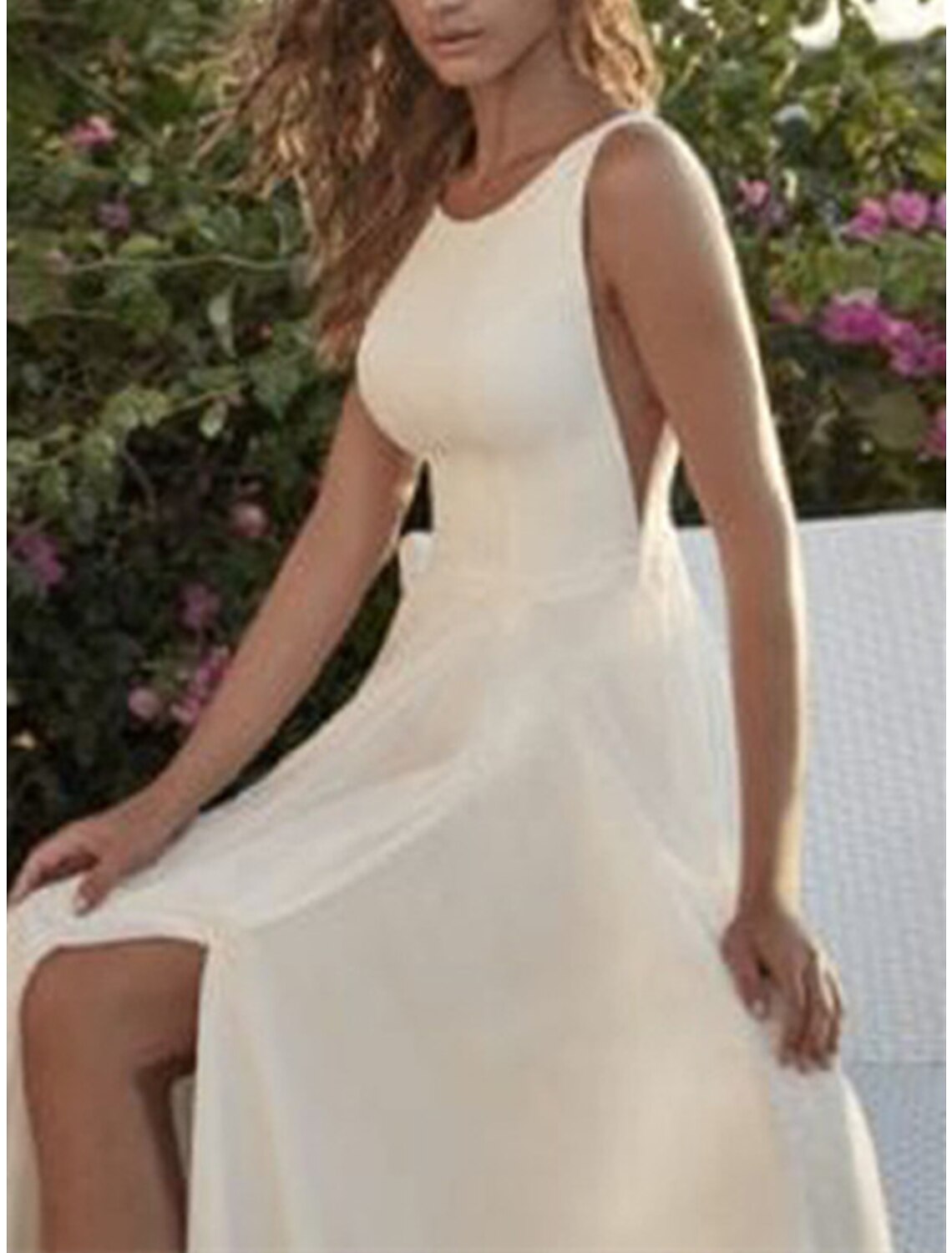Wholesa  Hall Casual Wedding Dresses A-Line Scoop Neck Sleeveless Floor Length Chiffon Bridal Gowns With Split Front
