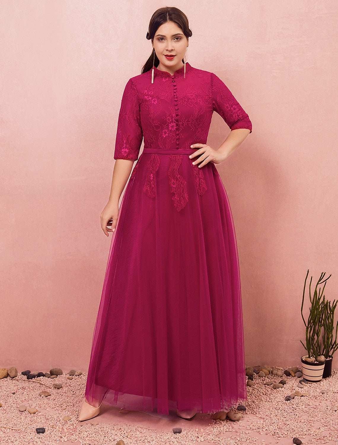 Wholesa A-Line Chinese Style Plus Size Engagement Formal Evening Dress High Neck Half Sleeve Floor Length Lace with Buttons