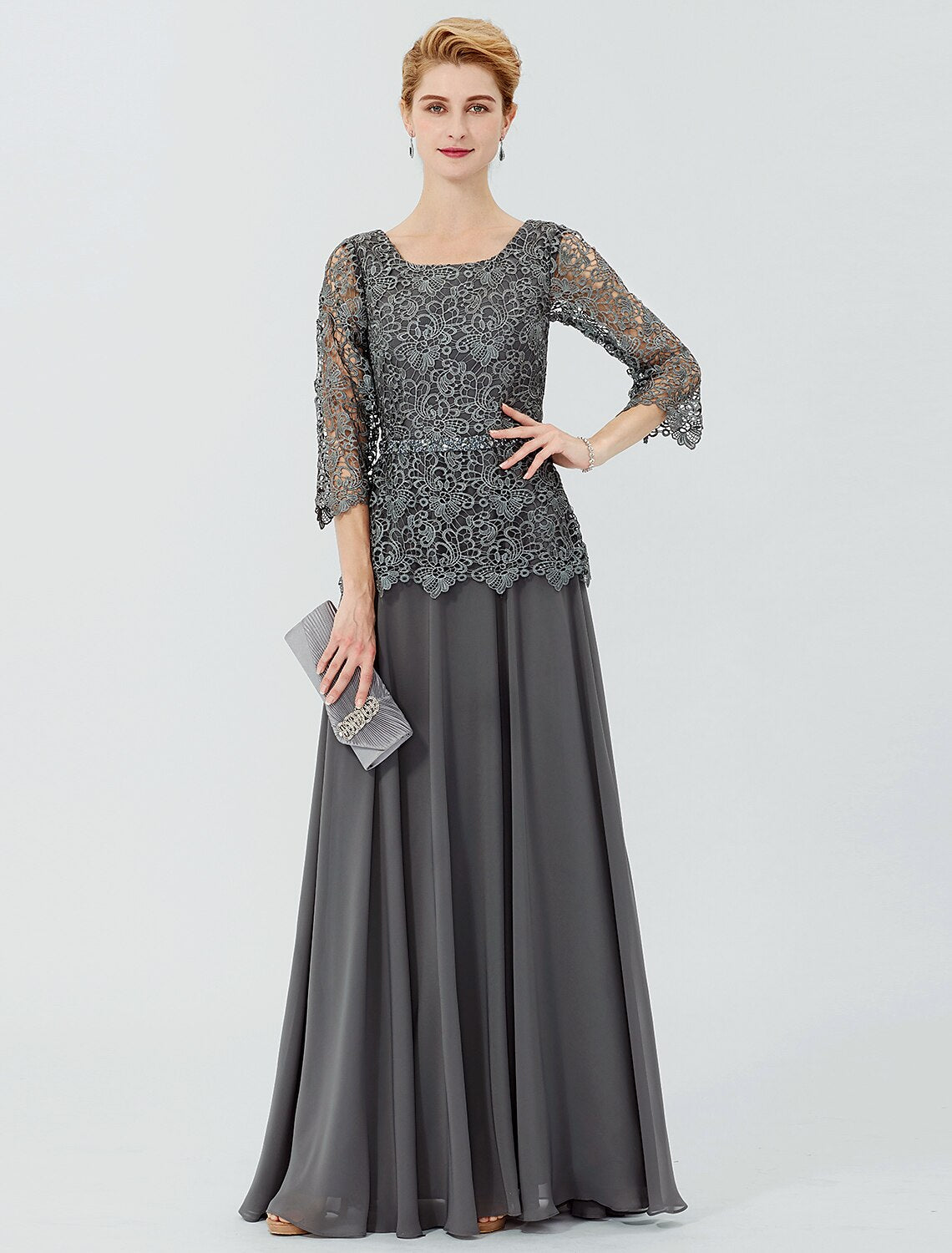 wholesale   Ball Gown A-Line Mother of the Bride Dress Formal Classic & Timeless Elegant & Luxurious Elegant Scoop Neck Floor Length Chiffon Corded Lace 3/4 Length Sleeve with Sashes / Ribbons Beading