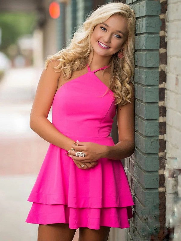 Wholesa  A-Line/Princess Stretch Crepe Layers Halter Sleeveless Short/Mini Dresses