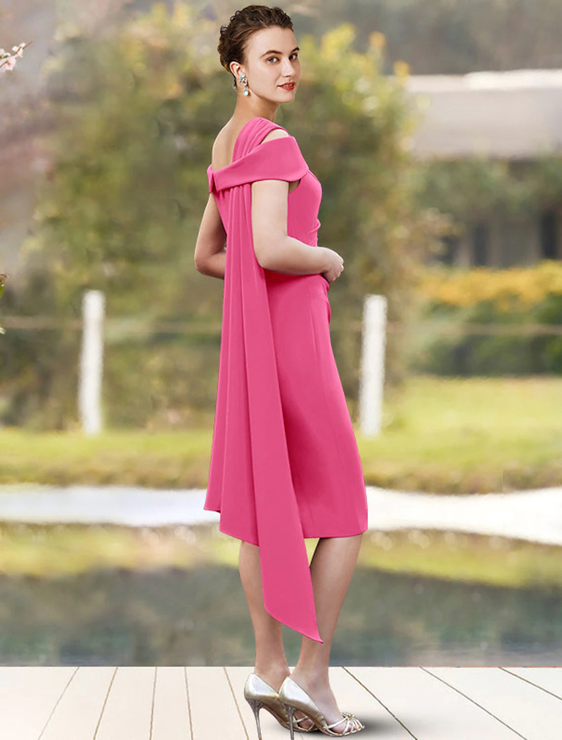 wholesale  Sheath / Column Mother of the Bride Dress Wedding Guest Elegant Jewel Neck Knee Length Stretch Chiffon 3/4 Length Sleeve with Side-Draped Fall