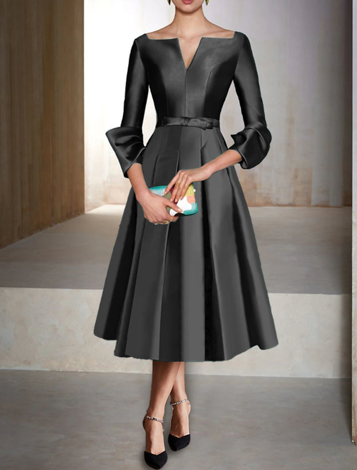 Wholesa A-Line Cocktail Dress Red Green Dresses Elegant Dress Formal Wedding Guest Tea Length 3/4 Length Sleeve V Neck Satin with Pleats