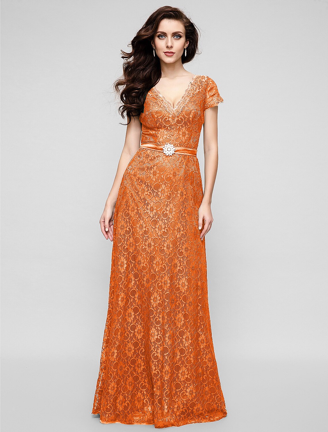 Wholesa A-Line Elegant Dress Holiday Cocktail Party Floor Length Short Sleeve V Neck All Over Lace with Crystal Brooch
