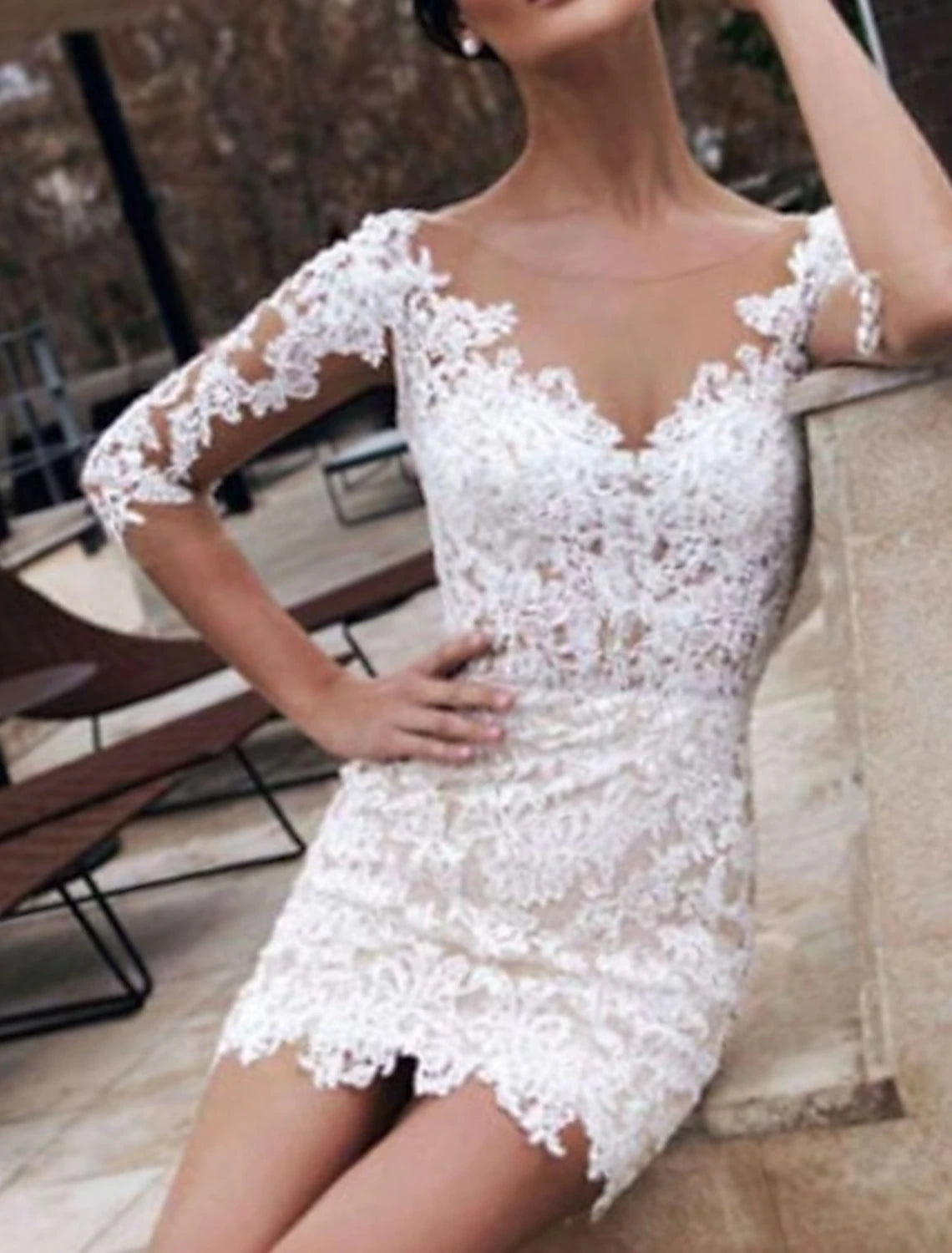 wholesale  Reception Little White Dresses Wedding Dresses Sheath / Column Illusion Neck Half Sleeve Short / Mini Lace Bridal Gowns With Appliques