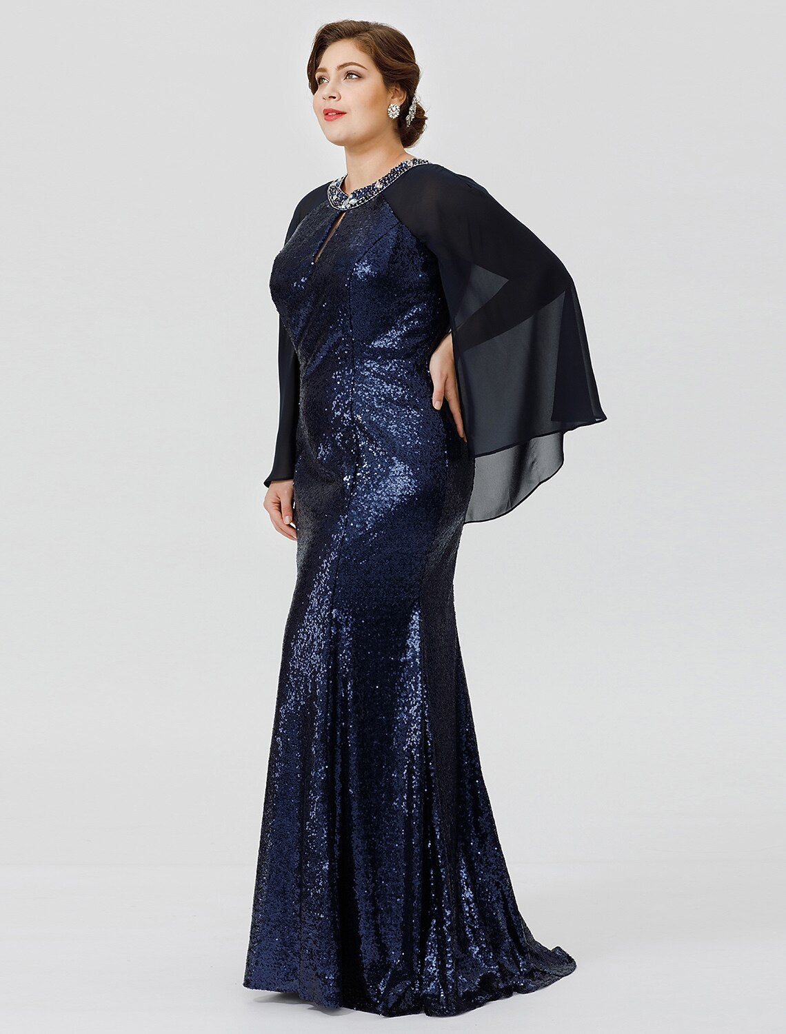 wholesale  Mermaid / Trumpet Mother of the Bride Dress Formal Chic & Modern Glamorous & Dramatic Plus Size Jewel Neck Floor Length Chiffon Sequined 3/4 Length Sleeve No with Crystals Beading