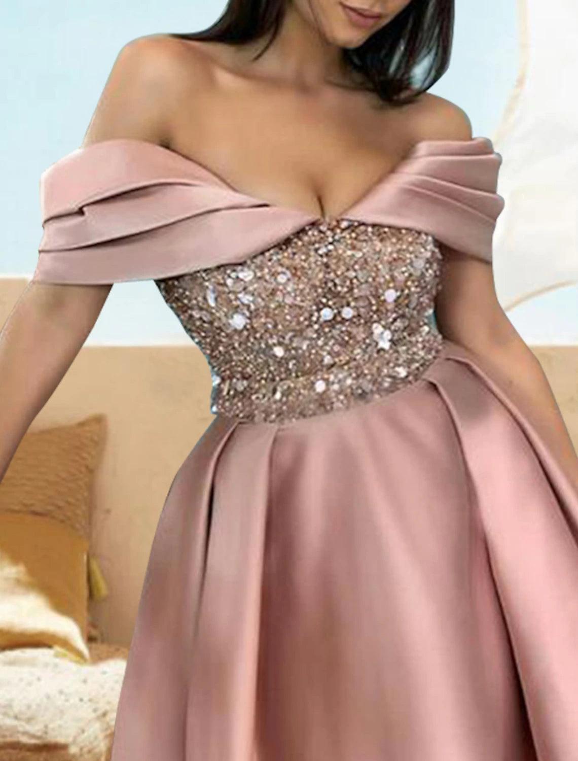 Wholesa A-Line Cocktail Dresses Elegant Dress Party Wear Wedding Party Knee Length Short Sleeve Off Shoulder Satin with Sequin Pure Color
