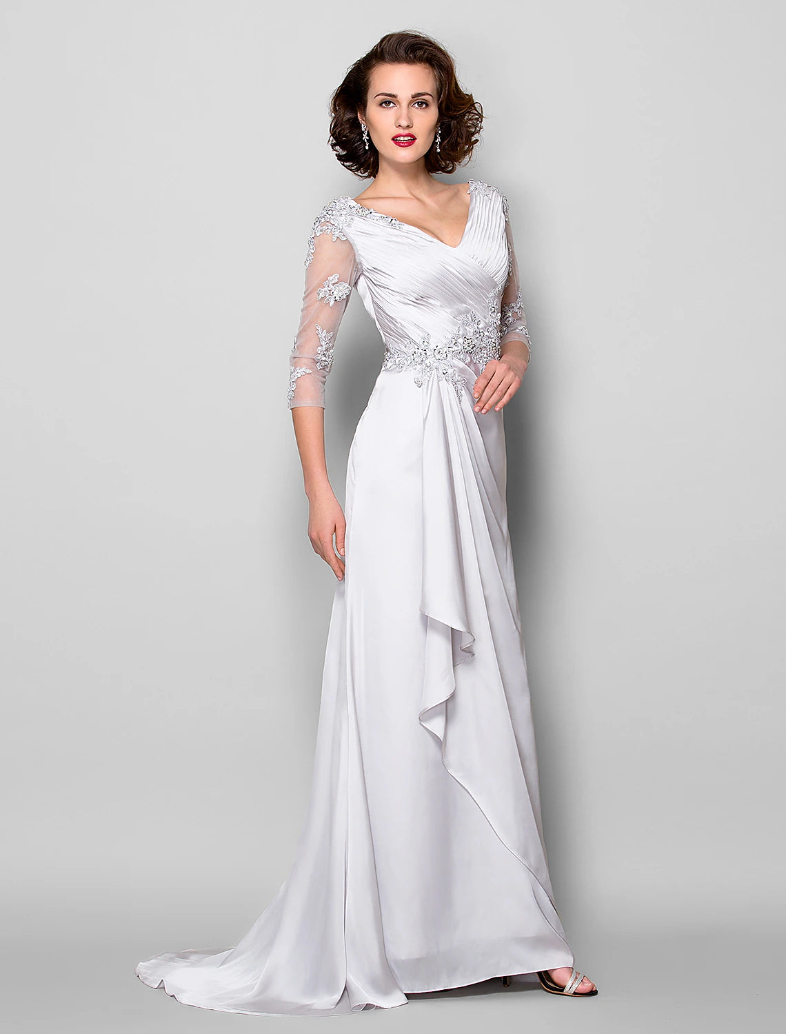 wholesale  A-Line Mother of the Bride Dress V Neck Sweep / Brush Train Satin Chiffon 3/4 Length Sleeve with Criss Cross Beading Applique