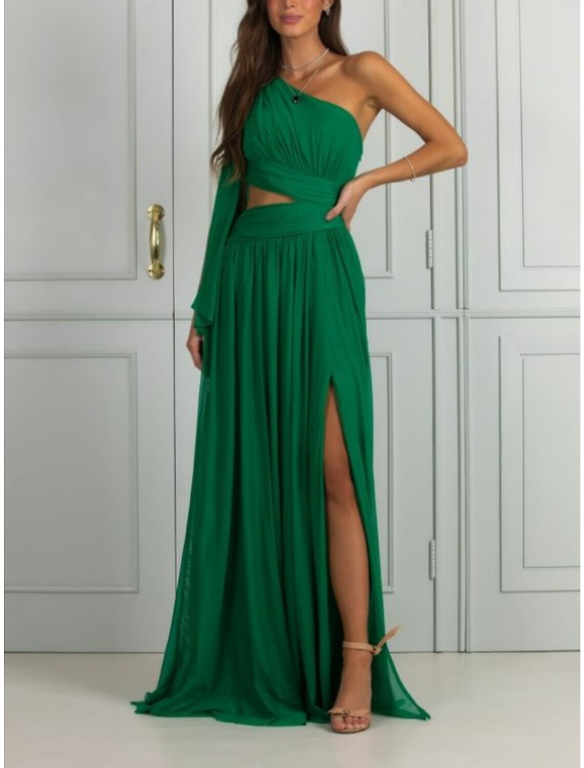 Wholesa Sheath Red Green Dresses Elegant Dress Birthday Floor Length Sleeveless One Shoulder Chiffon with Glitter Bow(s) Pleats