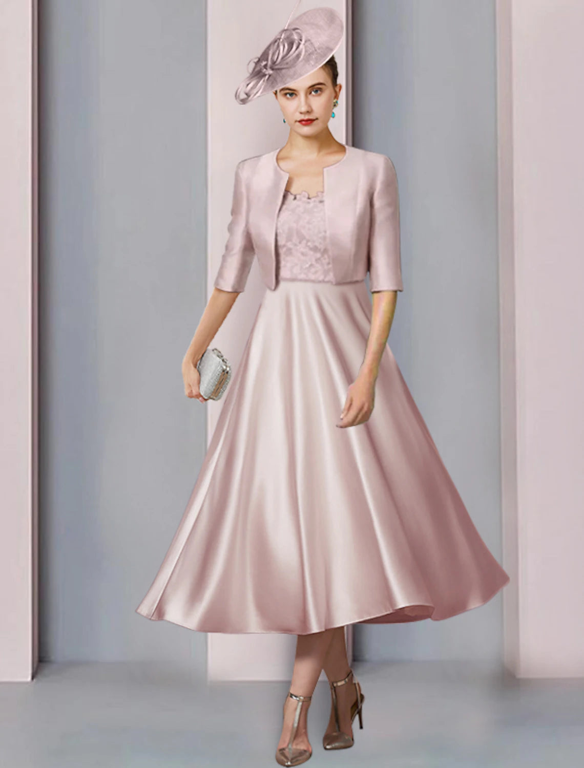 wholesale   Two Piece A-Line Mother of the Bride Dress Wedding Guest Church Party Elegant Scoop Neck Tea Length Satin Lace Half Sleeve with Pleats