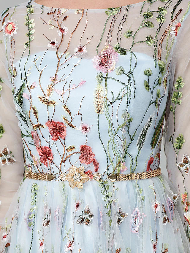 Wholesa A-Line Evening Gown Elegant Dress Holiday Floor Length 3/4 Length Sleeve Illusion Neck Lace with Embroidery