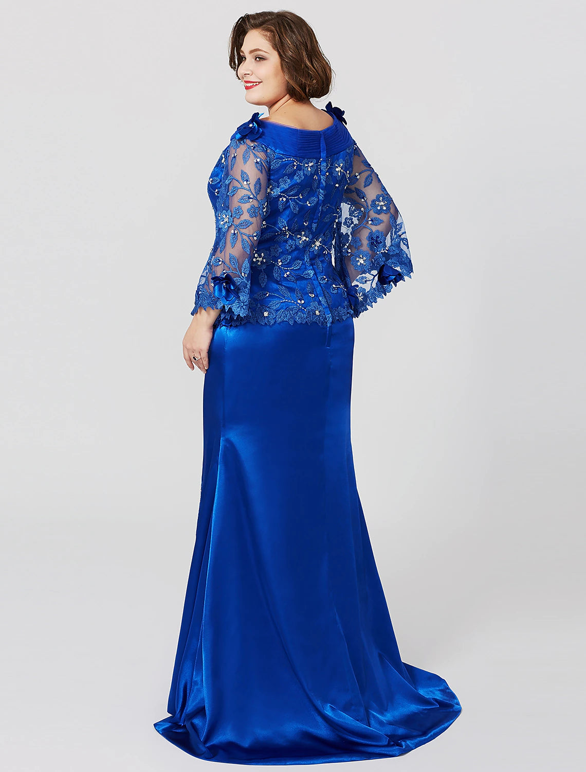 wholesale  Mermaid / Trumpet Mother of the Bride Dress Formal Plus Size Elegant Bateau Neck Sweep / Brush Train Lace Over Charmeuse Long Sleeve No with Pleats Ruffles