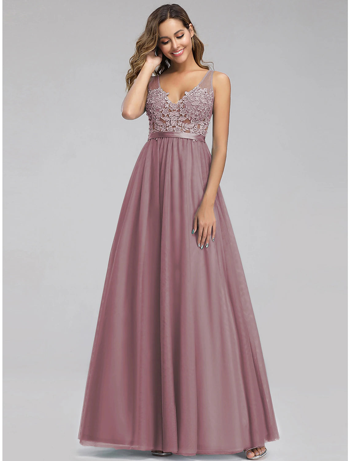 Wholesa A-Line Empire Holiday Prom Dress V Neck V Back Sleeveless Floor Length Chiffon with Appliques