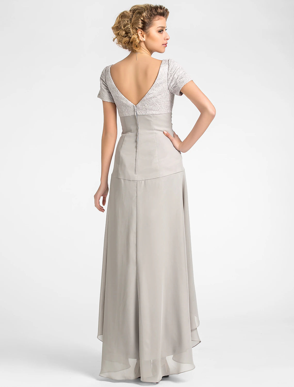 wholesale   A-Line Mother of the Bride Dress Floral High Low V Neck Asymmetrical Chiffon Lace Short Sleeve with Pleats Flower