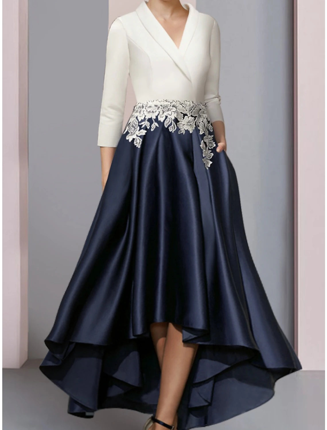 Wholesa  A-Line Mother of the Bride Dress Wedding Guest Elegant V Neck Asymmetrical Satin Lace 3/4 Length Sleeve with Ruching