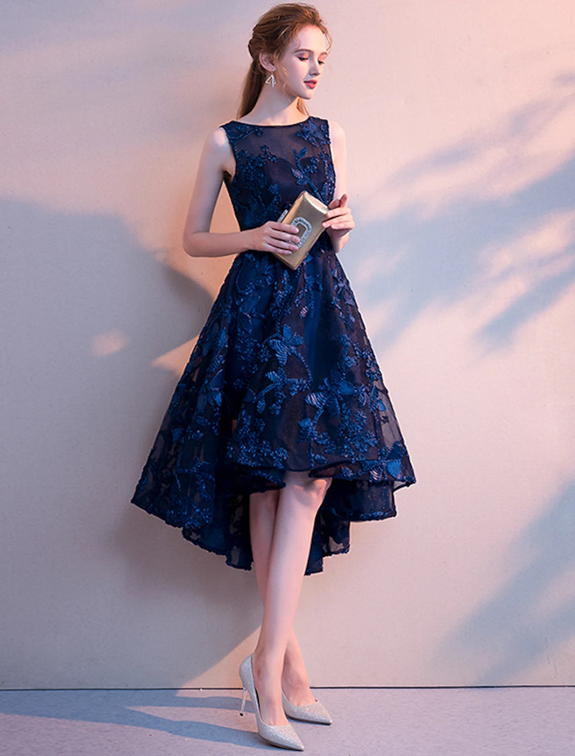 wholesa A-Line Cocktail Dresses Minimalist Dress Homecoming Party Wear Asymmetrical Sleeveless Jewel Neck Tulle with Pleats Pattern / Print
