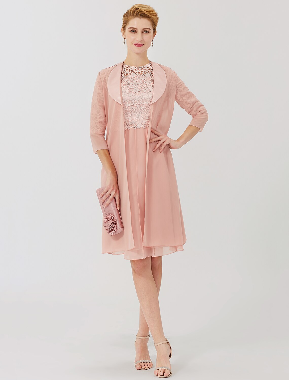 wholesale  Ball Gown Mother of the Bride Dress Formal Classic & Timeless Elegant & Luxurious Convertible Dress Illusion Neck Knee Length Chiffon Floral Lace 3/4 Length Sleeve with Crystal Brooch