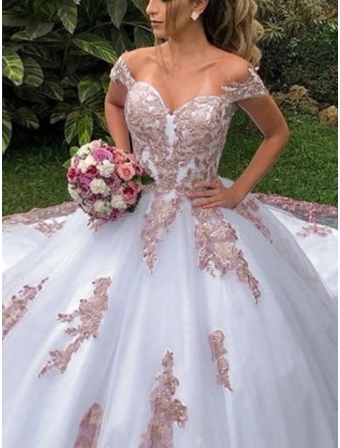 Wholesa Formal Wedding Dresses Ball Gown Off Shoulder Cap Sleeve Court Train Lace Bridal Gowns With Pleats