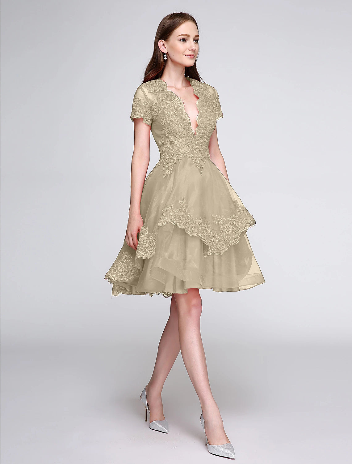 wholesa Ball Gown Cute Dress Cocktail Party Prom Knee Length Short Sleeve Plunging Neck Organza with Buttons Appliques
