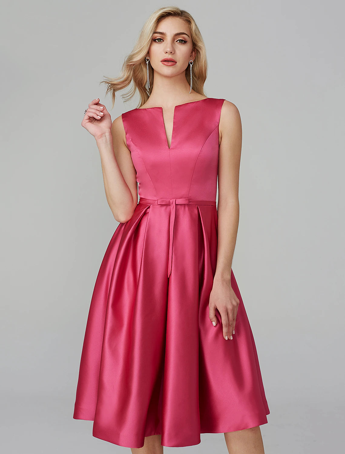 Wholesa A-Line Party Dress Wedding Guest Cocktail Party Knee Length Sleeveless V Wire Pink Dress Satin with Sash / Ribbon
