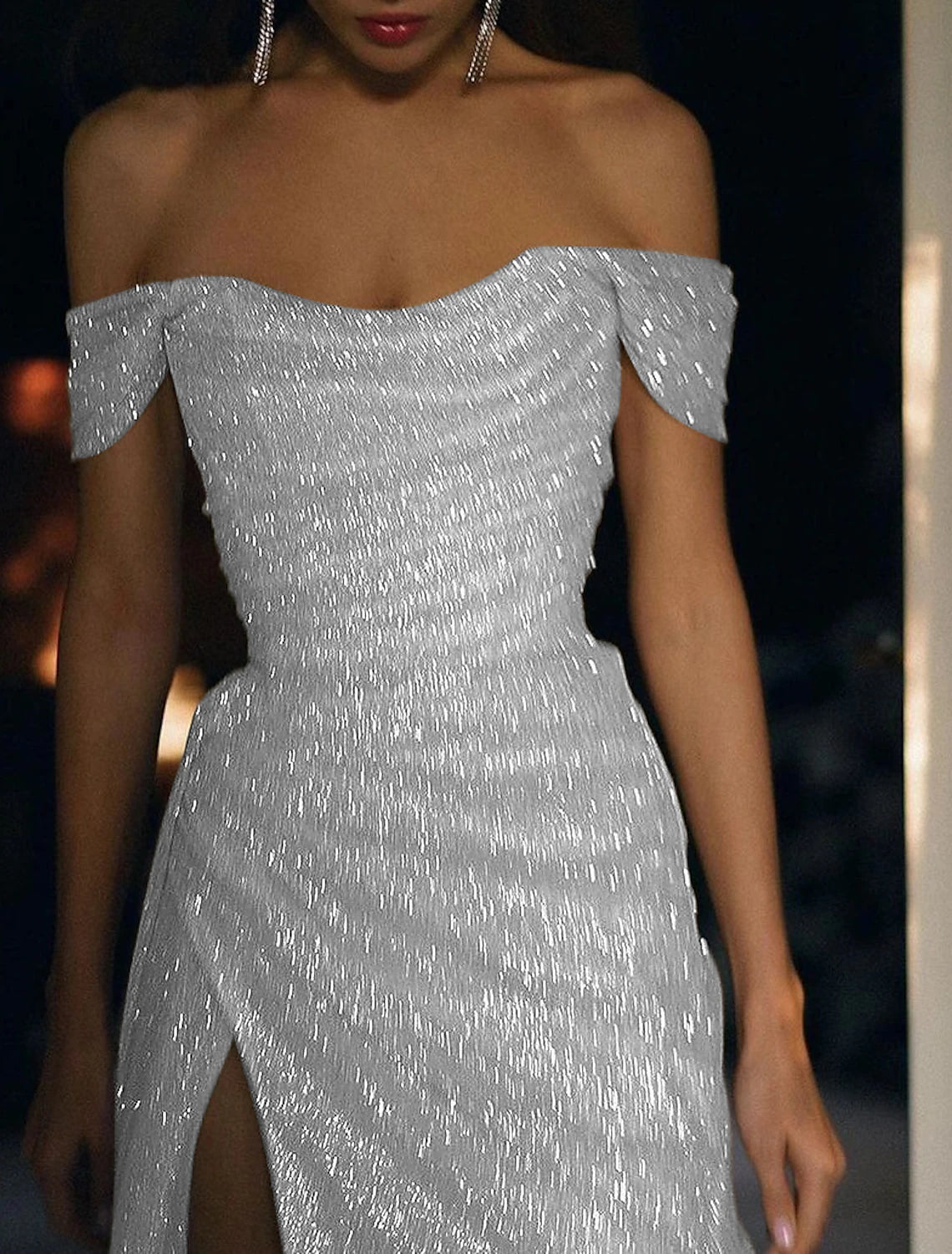 Wholesa  Mermaid / Trumpet Evening Gown Sparkle & Shine Dress Wedding Guest Prom Sweep / Brush Train Short Sleeve Off Shoulder Fall Wedding Reception Satin with Slit