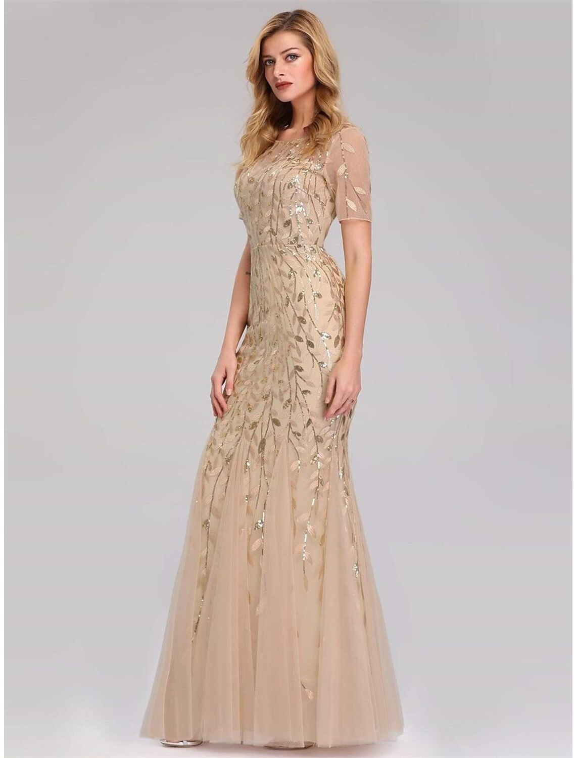 wholesa Mermaid / Trumpet Empire Elegant Party Wear Formal Evening Dress Jewel Neck Short Sleeve Floor Length Tulle with Embroidery / Illusion Sleeve