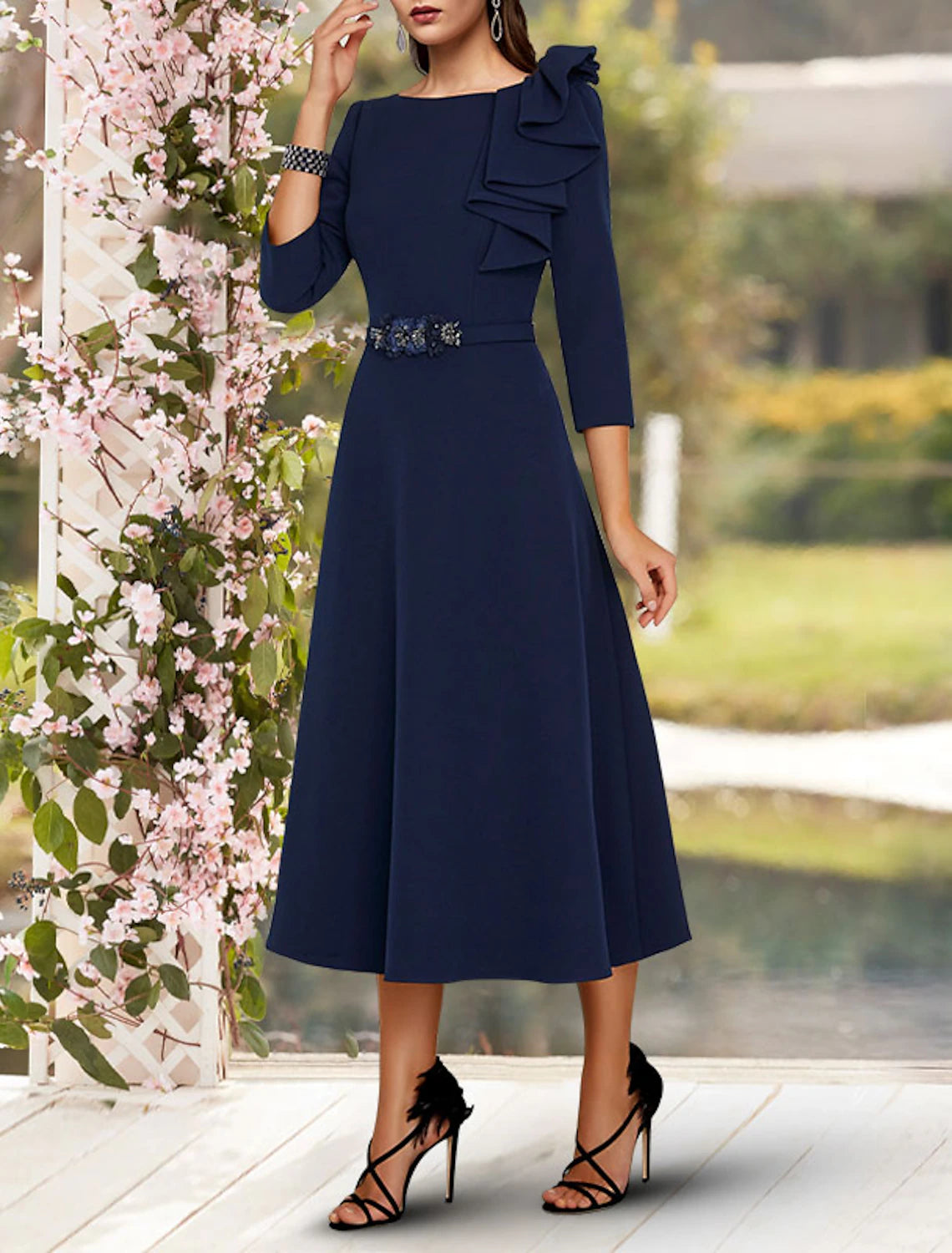 wholesale  A-Line Mother of the Bride Dress Wedding Guest Elegant Jewel Neck Tea Length Stretch Fabric 3/4 Length Sleeve with Sash / Ribbon Side Draping Fall