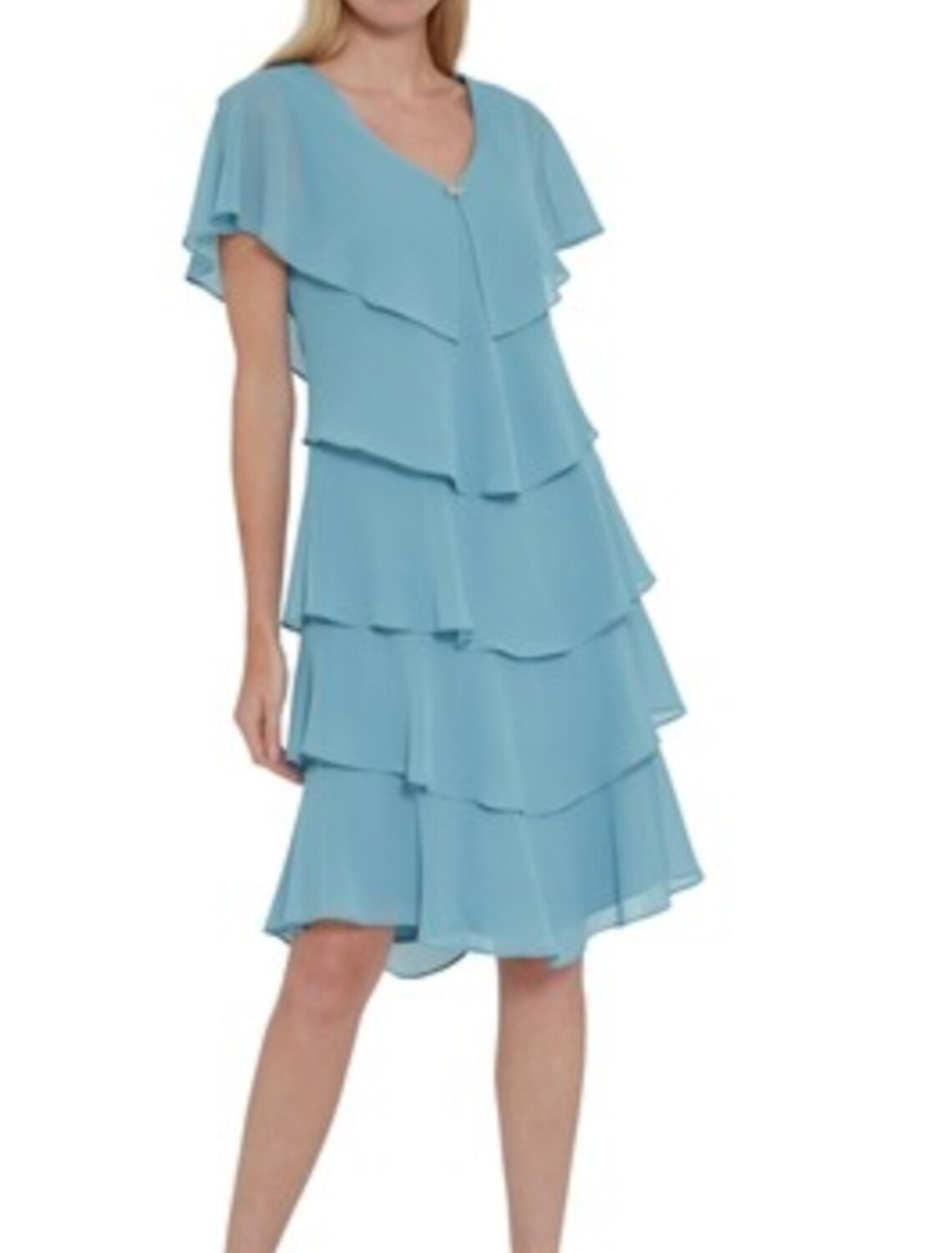 wholesale  Sheath / Column Mother of the Bride Dress Elegant V Neck Knee Length Chiffon Short Sleeve with Cascading Ruffles
