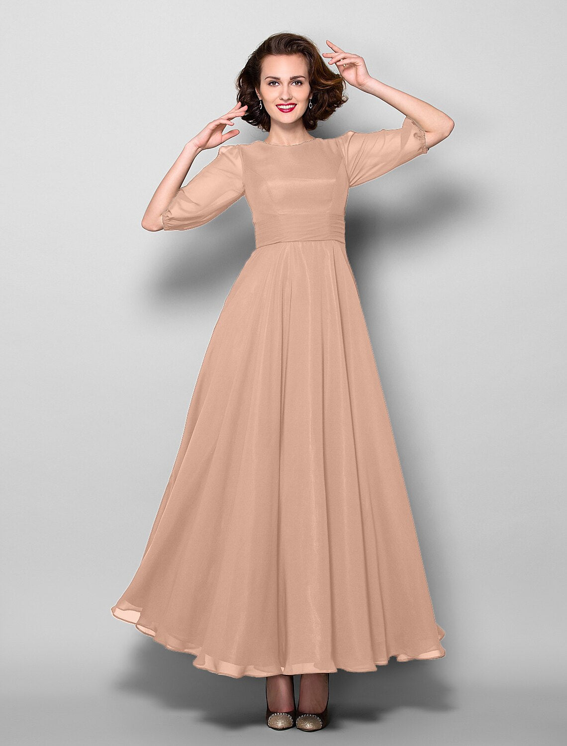 wholesale  A-Line Mother of the Bride Dress Elegant Jewel Neck Ankle Length Chiffon Half Sleeve with Sash / Ribbon Ruched