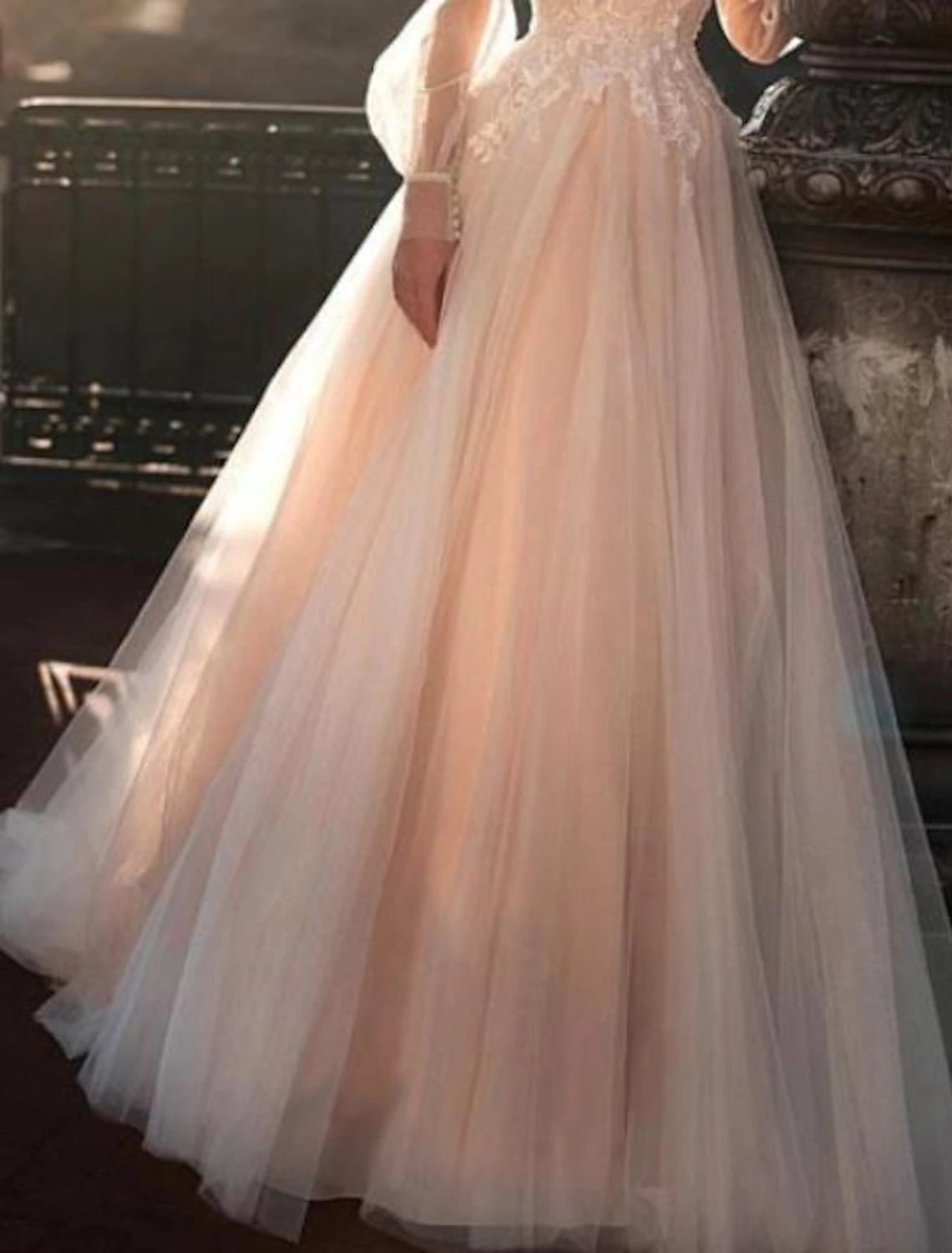 Wholesa Beach Wedding Dresses in Color Wedding Dresses A-Line Illusion Neck Long Sleeve Sweep / Brush Train Lace Bridal Gowns With Embroidery Appliques
