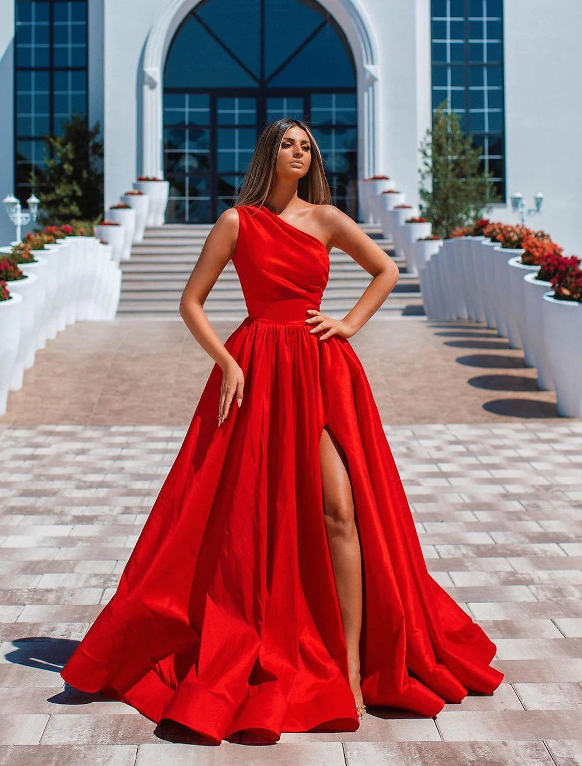 Wholesa A-Line Sexy High Split Prom Formal Evening Dress One Shoulder Sleeveless Floor Length Charmeuse with Ruched Slit