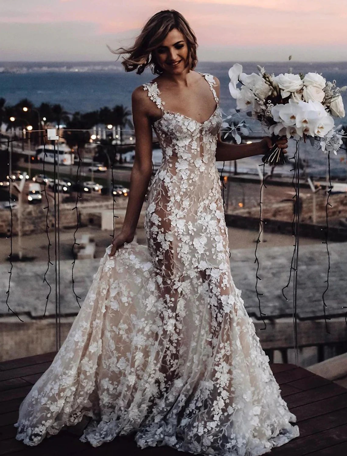 wholesale  Beach Sexy Boho Wedding Dresses Mermaid / Trumpet Sweetheart Regular Straps Court Train Lace Bridal Gowns With Appliques Summer Fall Wedding Party
