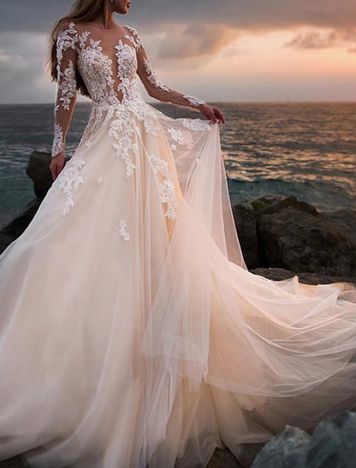 Wholesa Beach Open Back Wedding Dresses A-Line Illusion Neck Long Sleeve Court Train Lace Bridal Gowns With Appliques