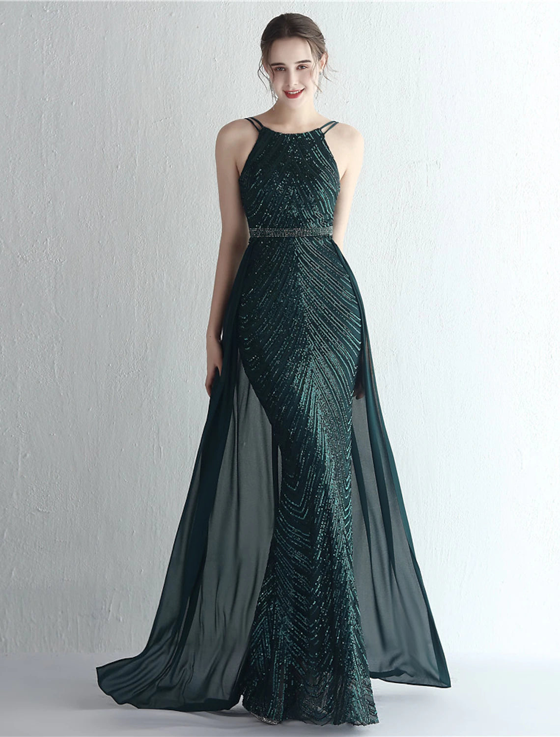 Wholesa Mermaid / Trumpet Prom Dresses Sparkle & Shine Dress Formal Wedding Guest Floor Length Sleeveless Halter Neck Chiffon with Beading Sequin