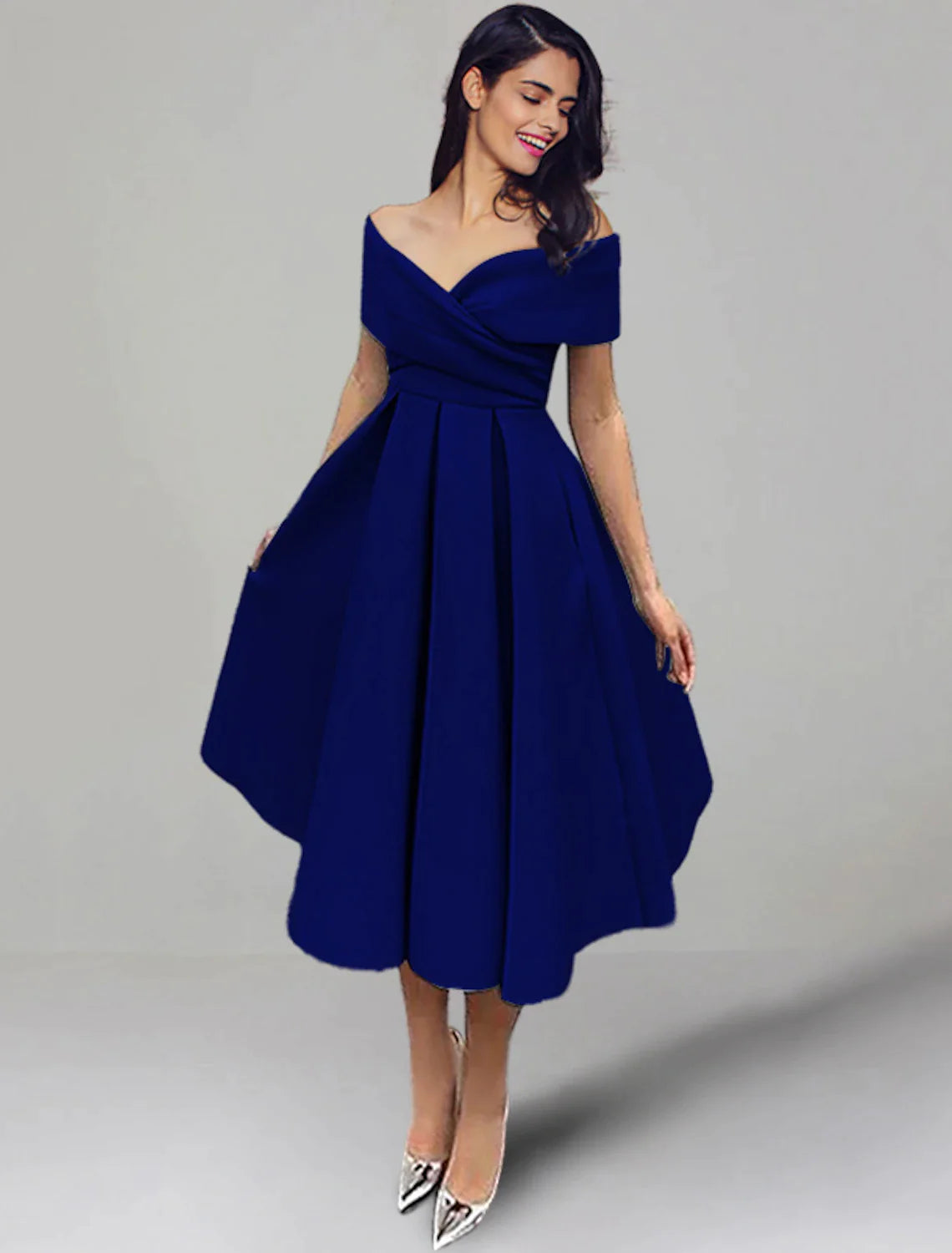 Wholesa A-Line Wedding Guest Dresses 1950s Dress Summer Tea Length Sleeveless Off Shoulder Satin with Ruched