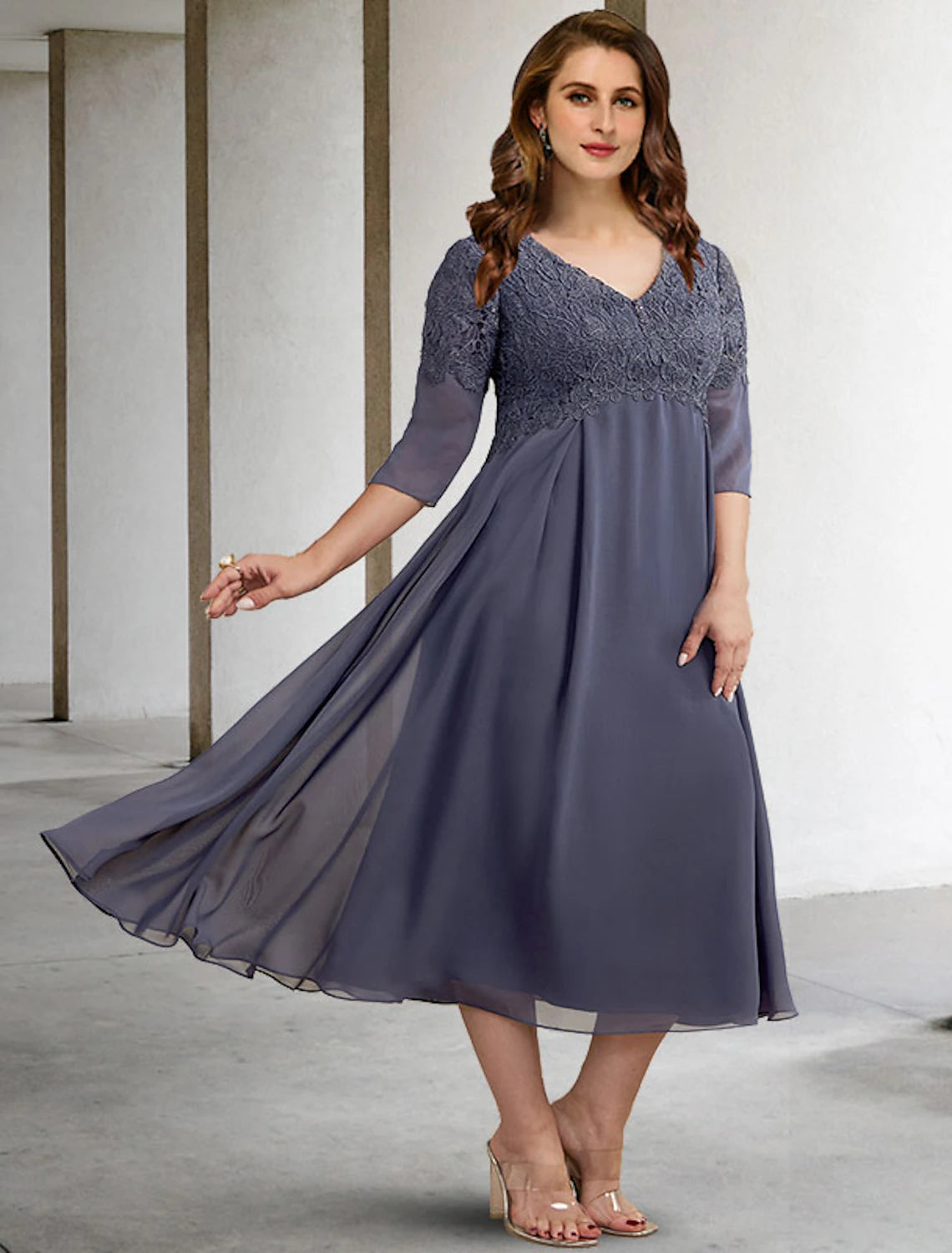 wholesale  A-Line Mother of the Bride Dresses Plus Size Hide Belly Curve Elegant Dress Formal Tea Length Half Sleeve V Neck Chiffon with Buttons Appliques Fall