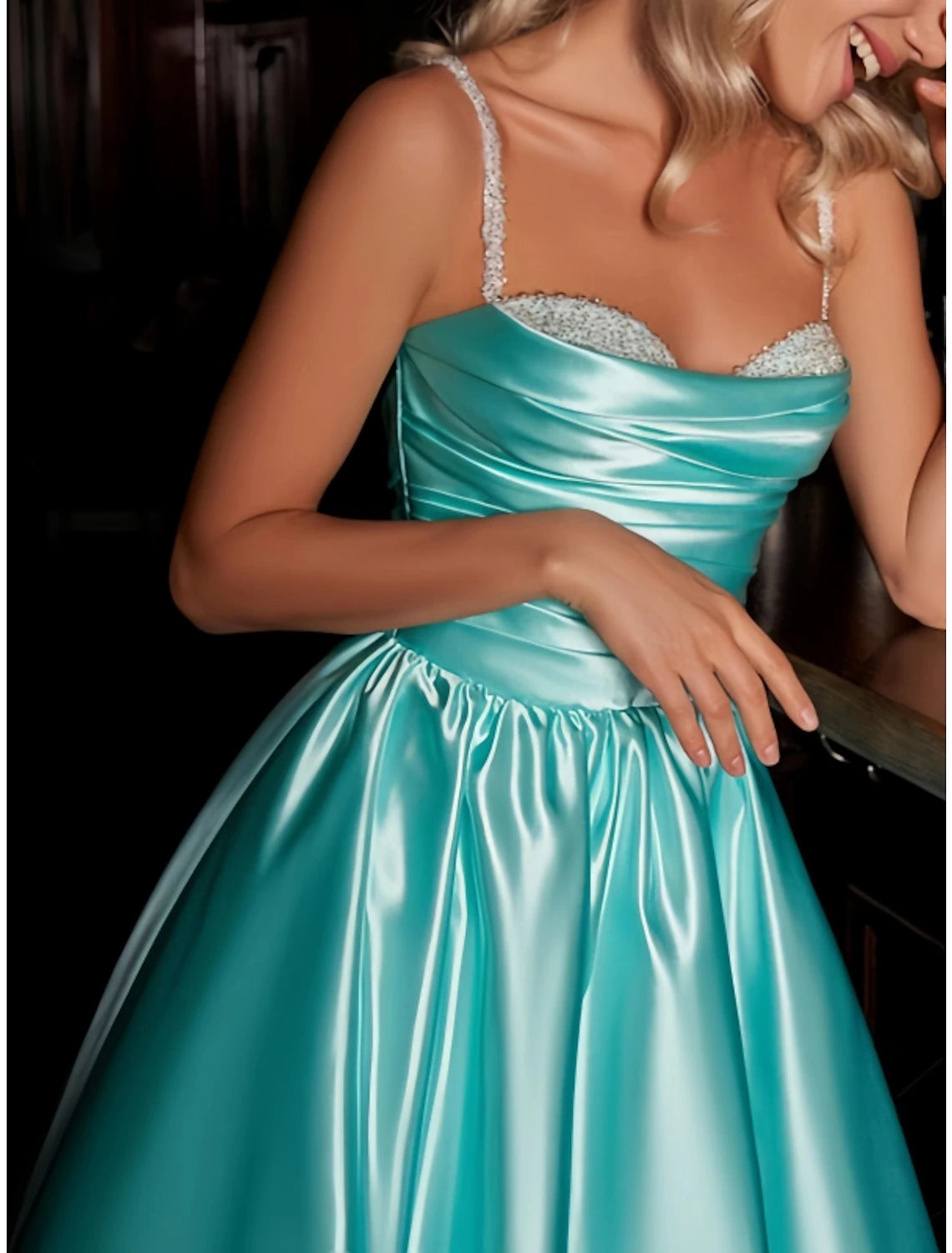 Wholesa A-Line Cocktail Dresses Party Dress Wedding Wedding Guest Knee Length Sleeveless Spaghetti Strap Satin with Pleats Ruched Sequin