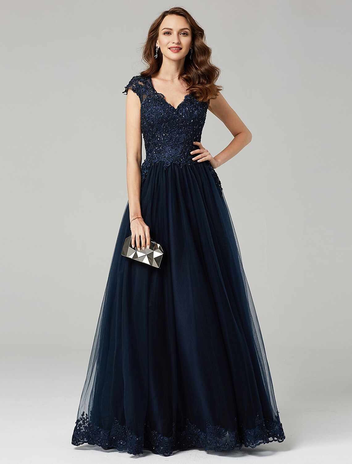 Wholesa A-Line Little Black Dress Dress Wedding Guest Prom Floor Length Sleeveless V Neck Tulle with Appliques