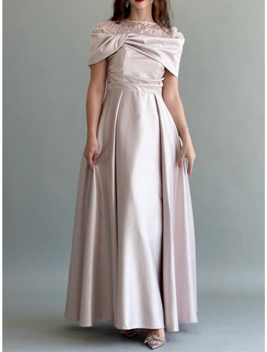 Wholesa A-Line Evening Gown Elegant Dress Wedding Guest Prom Floor Length Sleeveless Jewel Neck Satin with Ruched Pearls Sequin