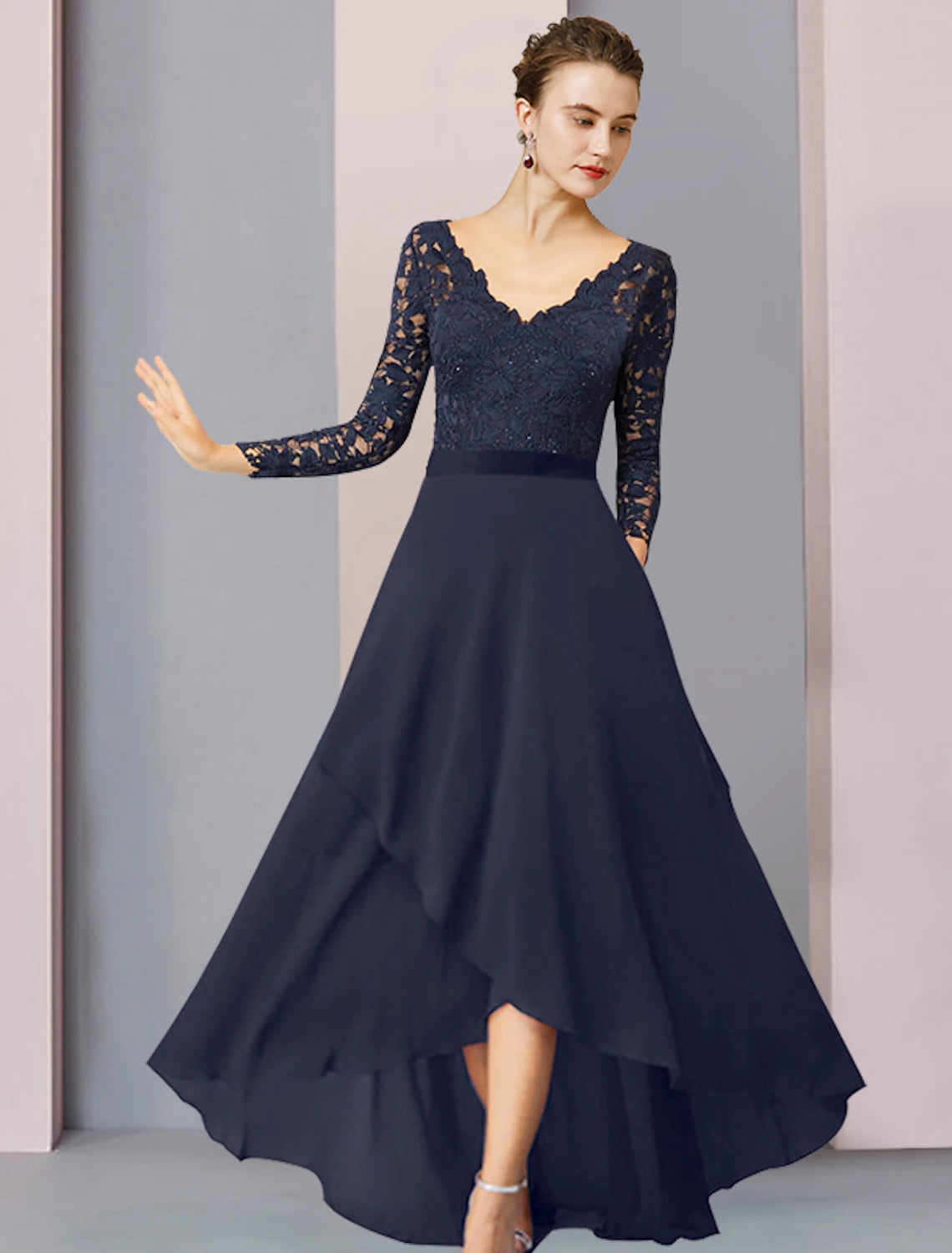 wholesale  Sheath / Column Mother of the Bride Dress Wedding Guest Vintage Elegant V Neck Asymmetrical Chiffon Lace Long Sleeve with Pleats