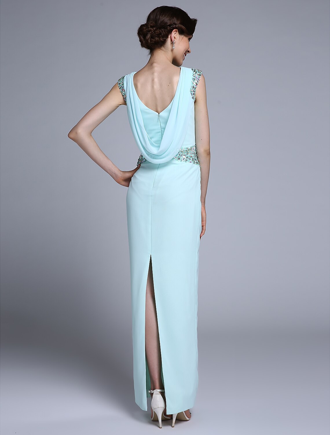wholesale   Sheath / Column Mother of the Bride Dress Elegant Bateau Neck Ankle Length Chiffon Sleeveless No with Crystals