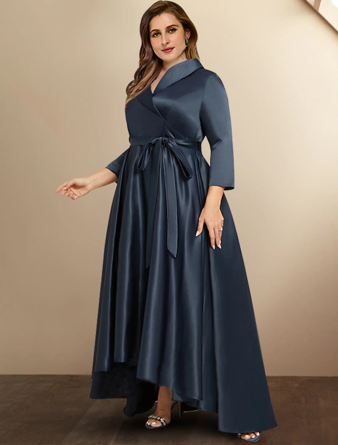 wholesale  A-Line Mother of the Bride Dresses Plus Size Hide Belly Curve High Low Dress Formal Asymmetrical 3/4 Length Sleeve Shirt Collar Satin with Bow(s) Pleats