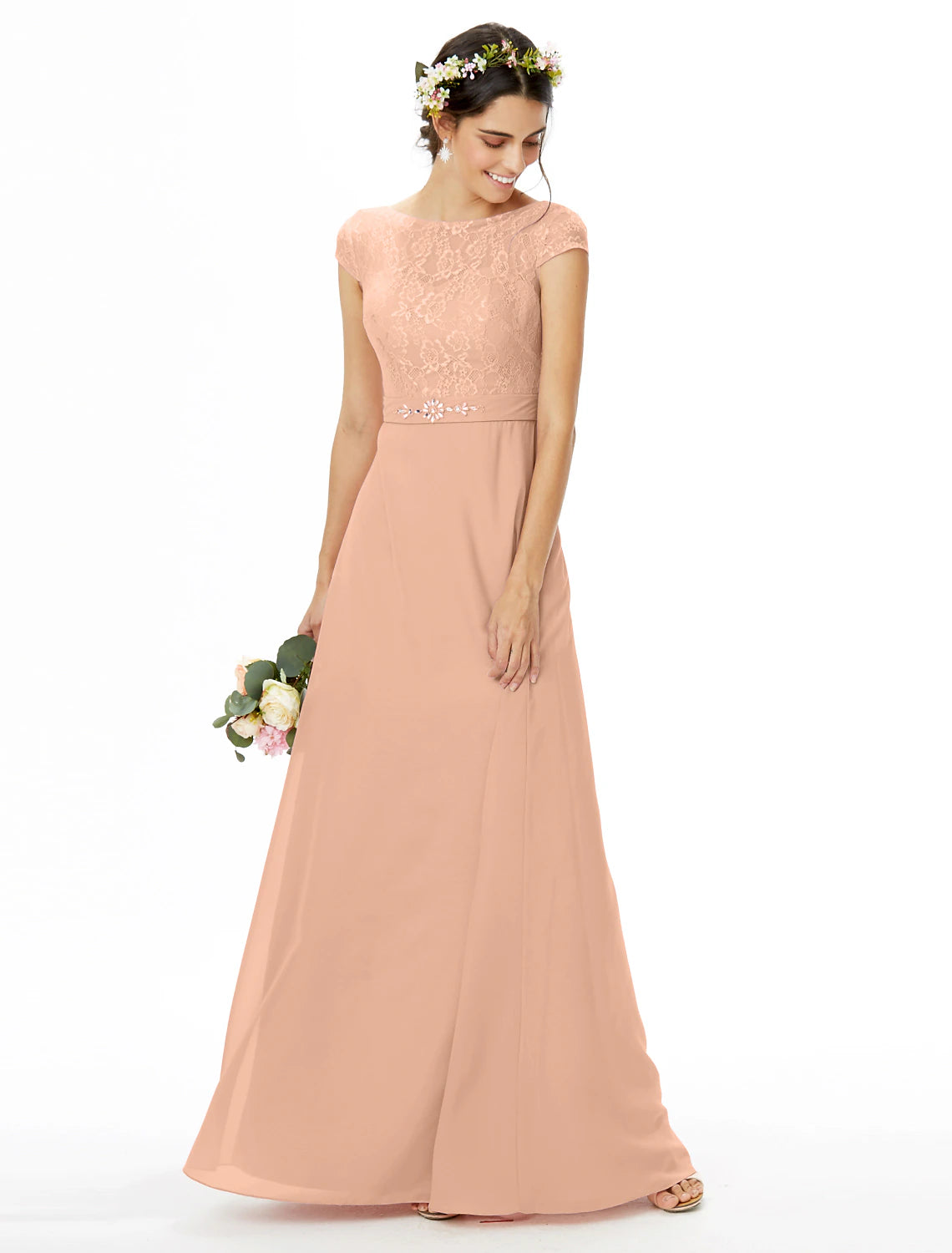 wholesale   Sheath / Column Bridesmaid Dress Bateau Neck Short Sleeve Elegant Floor Length Chiffon / Lace with Lace / Sash / Ribbon / Bow(s)