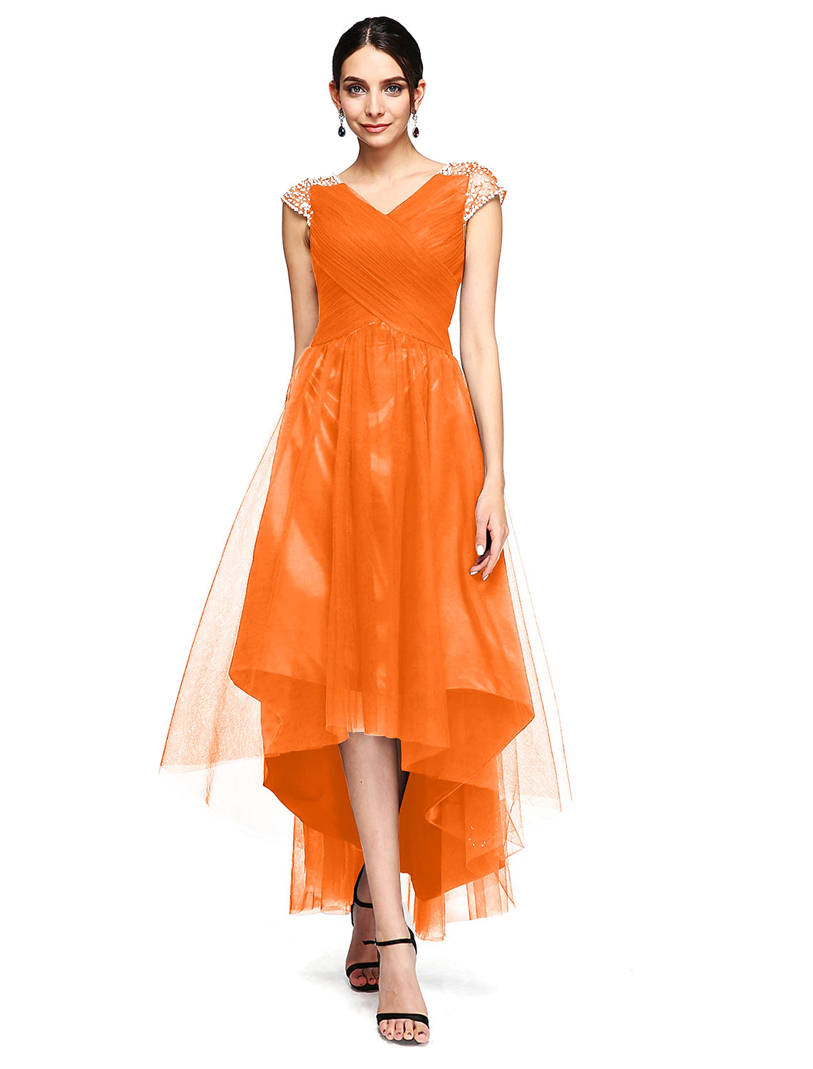 Wholesa A-Line Special Occasion Dresses Open Back Dress Wedding Guest Prom Asymmetrical Short Sleeve V Neck Tulle with Criss Cross Beading