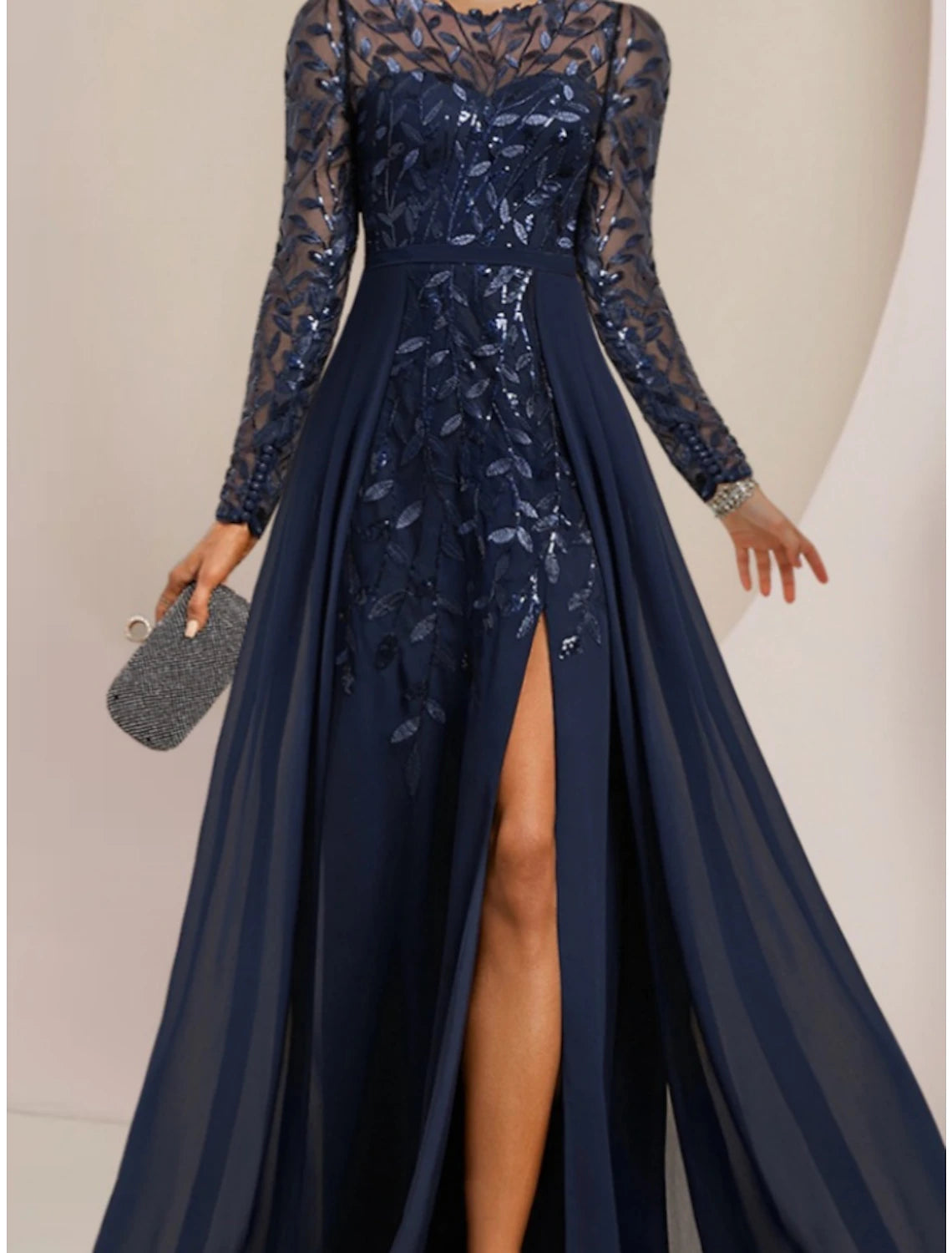 Wholesa  A-Line Mother of the Bride Dress Wedding Guest Elegant Jewel Neck Floor Length Chiffon Lace Sequined Long Sleeve with Split Front Ruching Solid Color